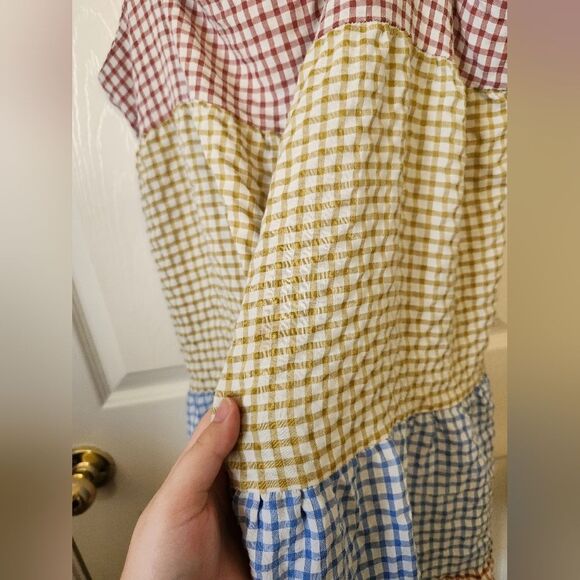 Boutique Gingham Blue Yellow Brown Plaid Ruffle Tiered Mini Dress XL - Picture 8 of 9